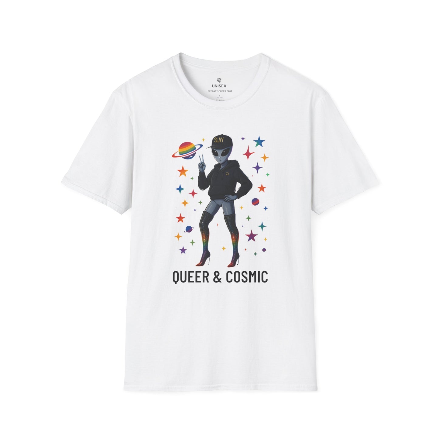 Queer & Cosmic🌞 Unisex Softstyle Tee, Motivational Tee, Affirmation Shirt, Gift for Space Lovers, Casual Wear, Unique Fashion, LGBTQ, Queer, Gay, Les, Lesbian, Self Love