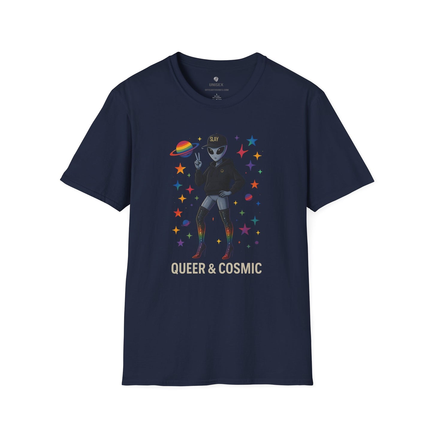Queer & Cosmic🌞 Unisex Softstyle Tee, Motivational Tee, Affirmation Shirt, Gift for Space Lovers, Casual Wear, Unique Fashion, LGBTQ, Queer, Gay, Les, Lesbian, Self Love