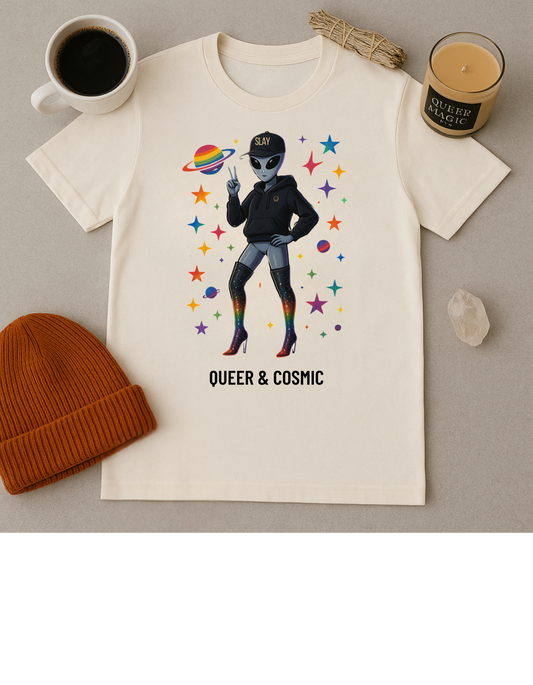 Queer & Cosmic🌞 Unisex Softstyle Tee, Motivational Tee, Affirmation Shirt, Gift for Space Lovers, Casual Wear, Unique Fashion, LGBTQ, Queer, Gay, Les, Lesbian, Self Love